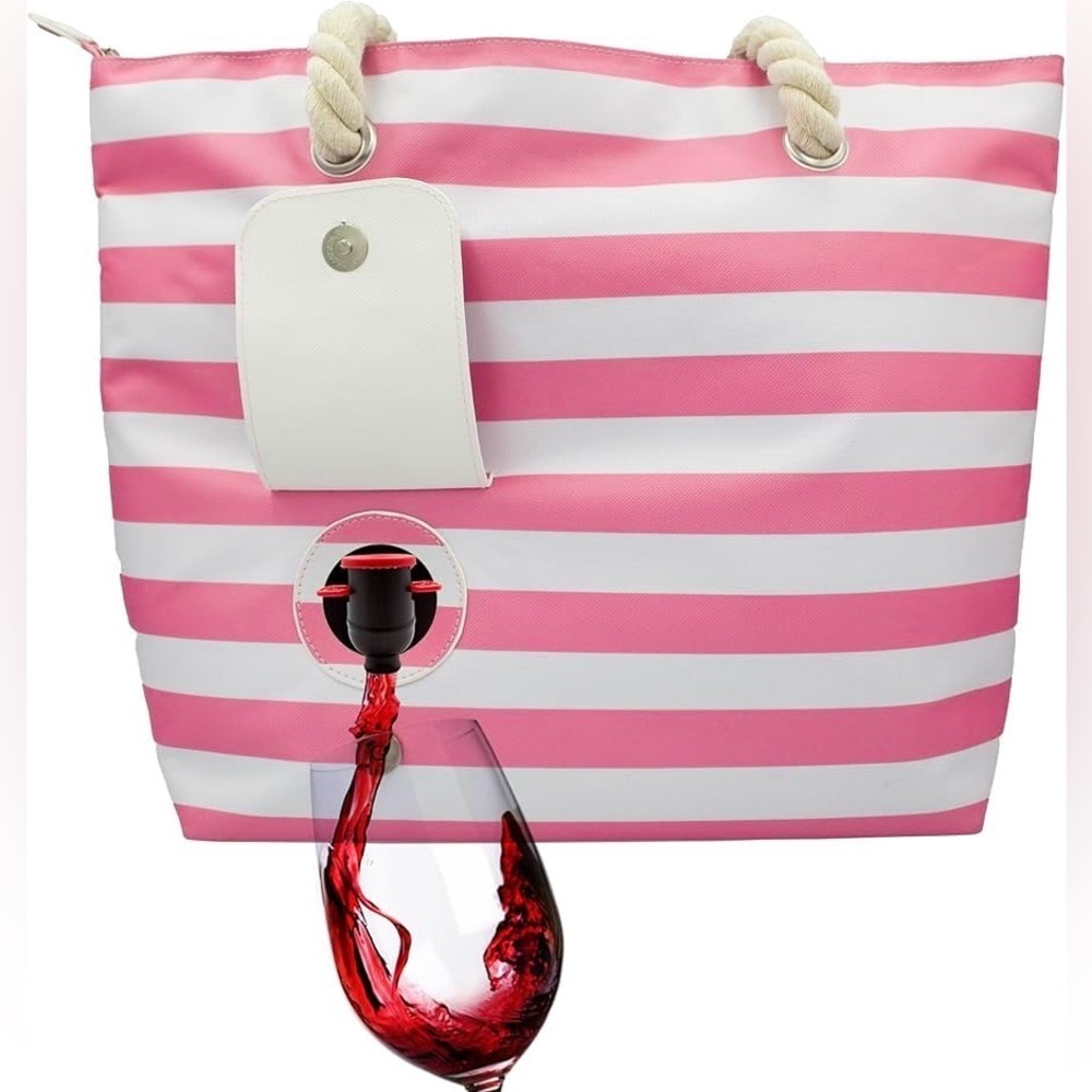 Sneaky Booze Pink & White Striped Wine Purse Tote Bag w/ Hidden Spout Dispenser